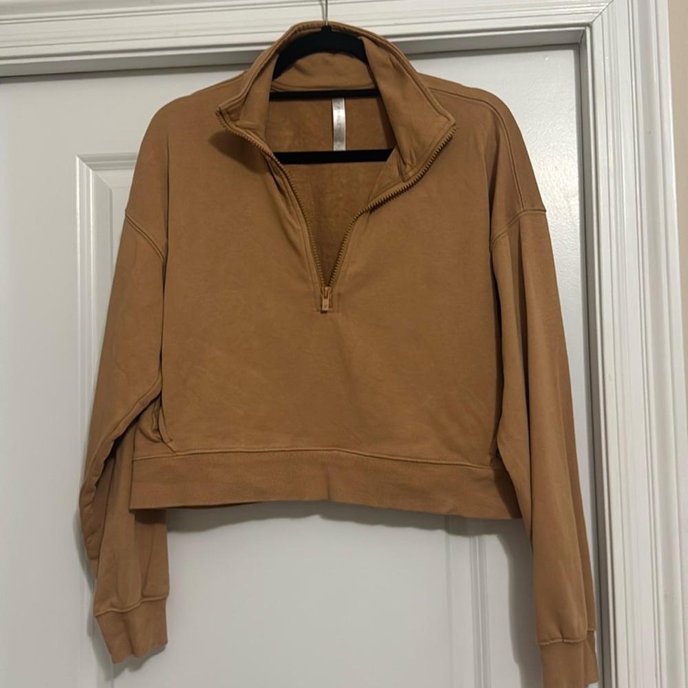 Fabletics tan crop zip pullover